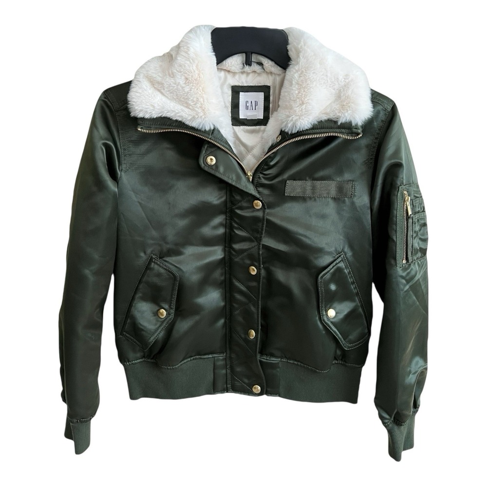 GAP Green Satiny Bomber‎ Jacket Faux Fur Collar Military Utility Cargo Small